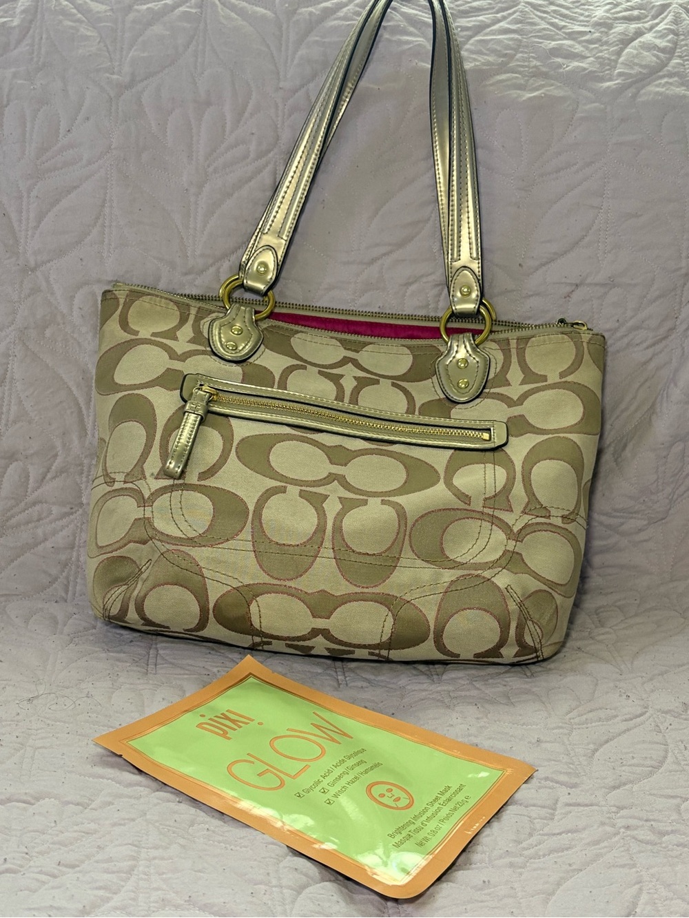Coach Beige Signature Canvas Shoulder Bag with Metallic Gold Handles